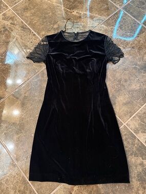 Black Velvet Midi Dress with Sheer Short Sleeves